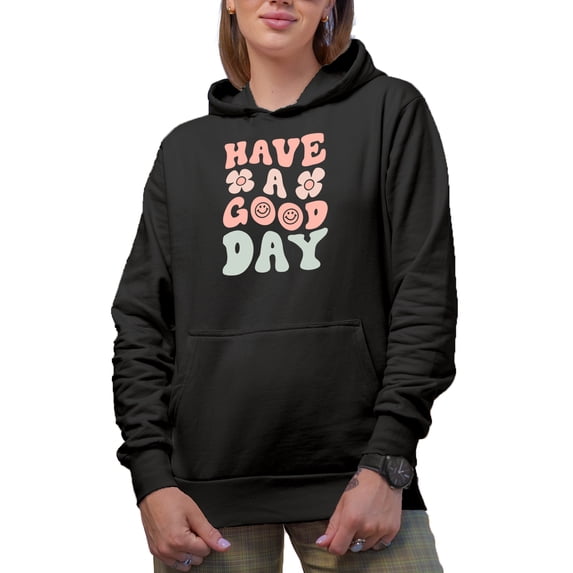 Having a Good Day Themed Quote, Groovy Retro Wavy Text Merch Gift, Black Hooded Sweatshirt or Hoodie, Medium