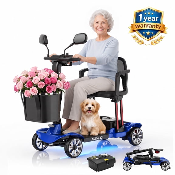 Havlo 4-Wheel Mobility Scooter for Seniors & Adults, 12.4-Mile Range, Removable Lithium Battery, Wider Adjustable Seat & Armrests, Foldable Electric Mobility Scooter for Everyday & Outdoor Use,Blue