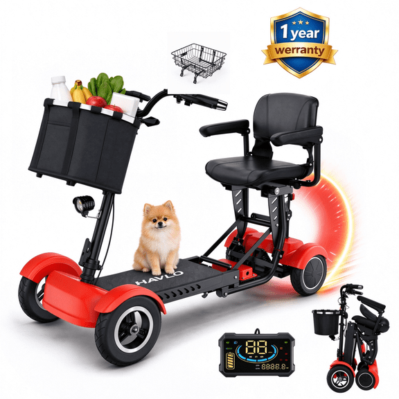 Havlo 4-Wheel Mobility Scooter for Seniors & Adults, Dual 350W Motors, 10 MPH 3-Speed Control, 15-Mile Range, Dual Suspension, Foldable Electric Mobility Scooter, 330 lb Capacity,Red