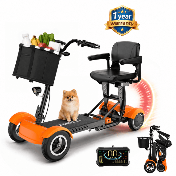 Havlo 4-Wheel Mobility Scooter for Seniors & Adults, Dual 350W Motors, 10 MPH 3-Speed Control, 15-Mile Range, Dual Suspension, Foldable Electric Mobility Scooter, 330 lb Capacity,Orange