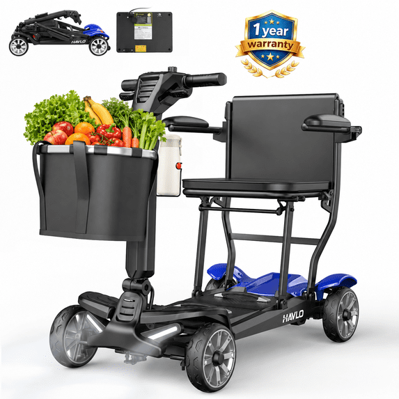 Havlo 37.5 lbs Lightweight Mobility Scooter for Seniors & Adults, Foldable 4-Wheel Travel Scooter with Removable Lithium Battery, 26-Mile Range, 270W Brushless Motor, for Shopping,Cruises,Blue