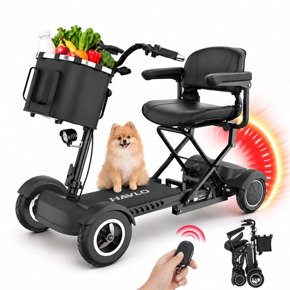 Havlo Auto Folding Mobility Scooter for Seniors & Adults, Dual 350W Motors, 10 MPH 3-Speed Control, 15-Mile Range, Dual Suspension, 4 Wheel Powered Mobility Scooters, 330 lb Capacity,Black