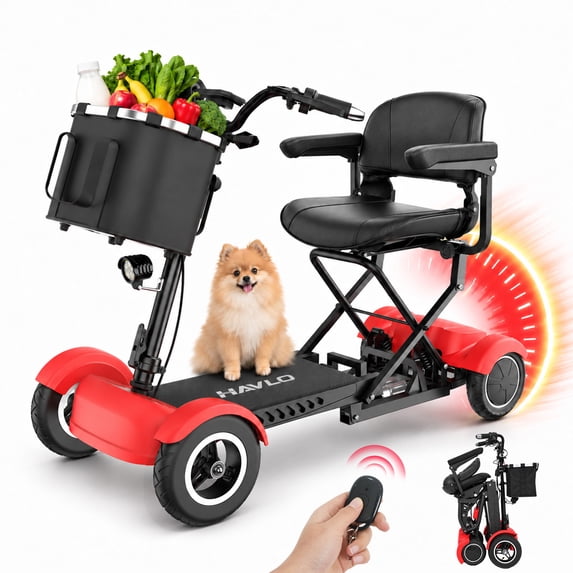 Havlo Auto Folding Mobility Scooter for Seniors & Adults, Dual 350W Motors, 10 MPH 3-Speed Control, 15-Mile Range, Dual Suspension, 4 Wheel Powered Mobility Scooters, 330 lb Capacity,Red