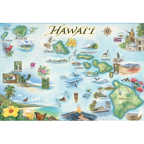 Hawai'i Islands Hand-Drawn Map - Authentic 24x18 Vintage-Style Wall Art - Lithographic Print with Soy-Based Inks - Made in USA