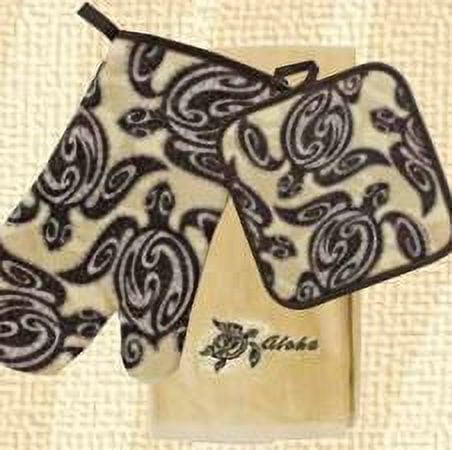 Hawaii 3 Piece Kitchen Set Towel Potholder Oven Mitt Tribal Honu (Turtle)