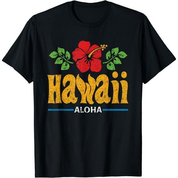 Hawaii Aloha Red Flower with Amber Text Distressed Print T-Shirt