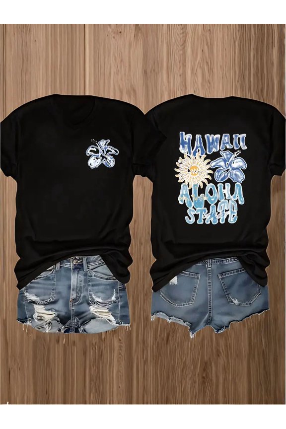 Hawaii Aloha State Floral Graphic Women Short Sleeve Casual Tee Shirt