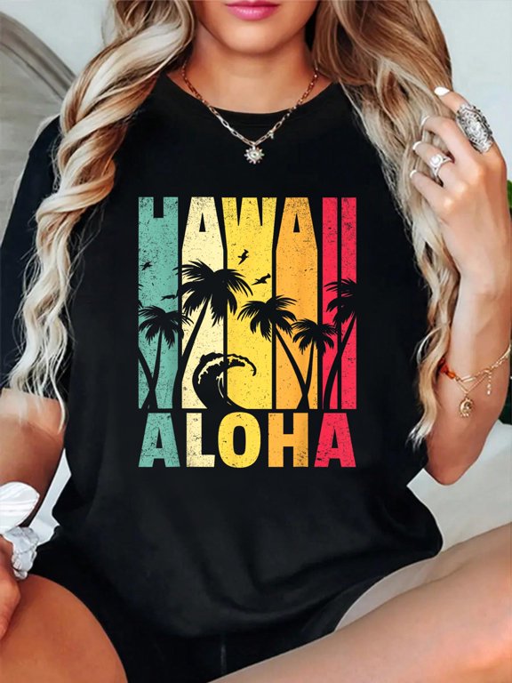 Hawaii Aloha State Vintage Retro Hawaiian Islands Gift T-Shirt casual short sleeve crew neck cotton tee tops for women