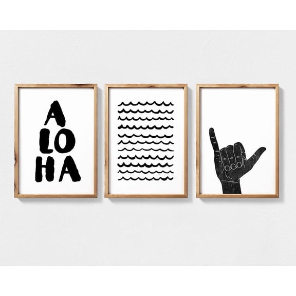 Hawaii Art Featuring Aloha Quote Waves And Shaka Hand Wall Art Surfer Wall Art Hawaiian Wall Art Set 3