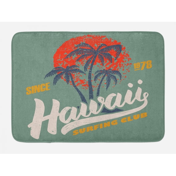 Hawaii Bath Mat, Surfing Water Sport Palm Tree Orange Sun, Plush Bathroom Decor Mat with Non Slip Backing, 29.5" X 17.5", Reseda Green Multicolor, by Ambesonne