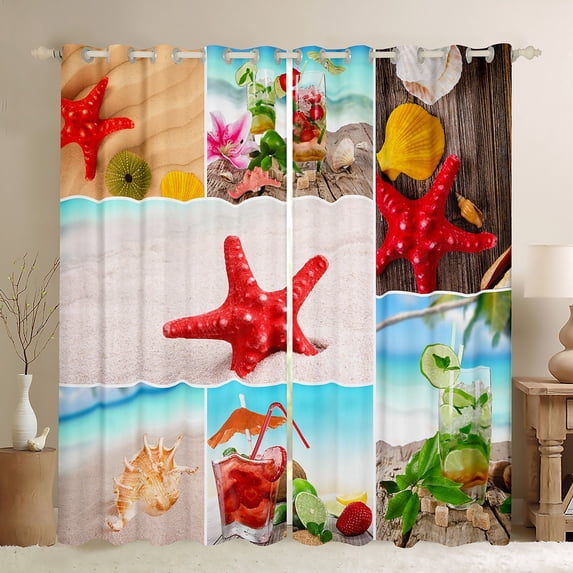 Hawaii Beach Decor Blackout Curtains Patchwork Red Starfish Curtains & Drapes for Women Adults Boys,Blue Ocean Curtains Conch Shell Tropical Sand Sea Animal Beach Room Decor