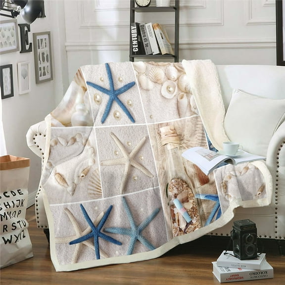 Hawaii Beach Decor Blanket Patchwork Starfish Throw Blanket for Women Adults,Blue Ocean Fleece Blanket Conch Shell Pearl 50"x60" Blanket,Tropical Sand Sea Animal Beach Room Decor