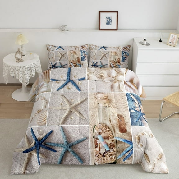 Hawaii Beach Decor Comforter Set Patchwork Starfish Bedding Set for Women Adults,Blue Ocean Quilt Conch Shell Pearl Twin Duvet Insert,Tropical Sand Sea Animal Beach Room Decor