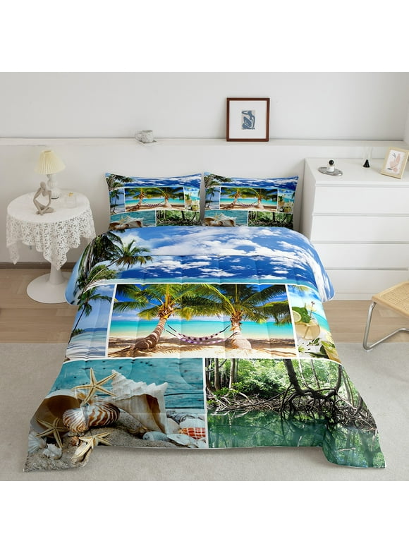 Hawaii Beach Decor Comforter&nbsp;Set Patchwork Starfish Bedding Set for Women Adults Boys,Blue Ocean Quilt Conch Shell Twin Duvet Insert,Tropical Sand Coconut Palm Beach Room Decor