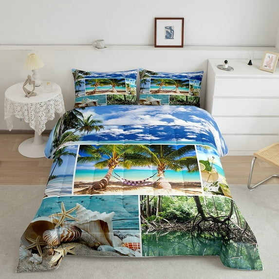 Hawaii Beach Decor Queen Comforter Set Patchwork Starfish Bedding Set for Women Adults,Blue Ocean Quilt Conch Shell Duvet Insert,Tropical Sand Coconut Palm Beach Room Decor