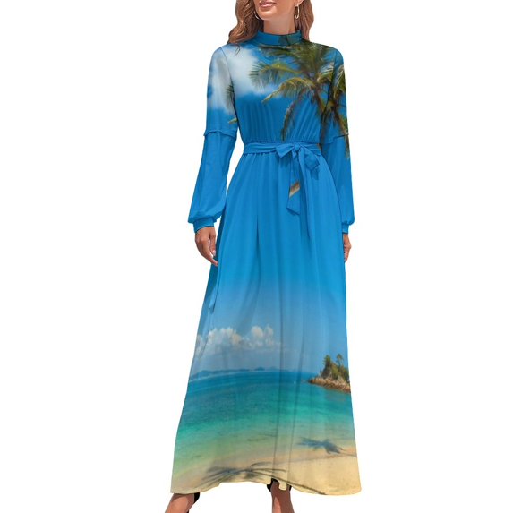 Hawaii Beach Dress Palm Tree Pirnt Sexy Fashion Maxi Dress High Waist Long Sleeve Street Wear Boho Beach Long Dresses