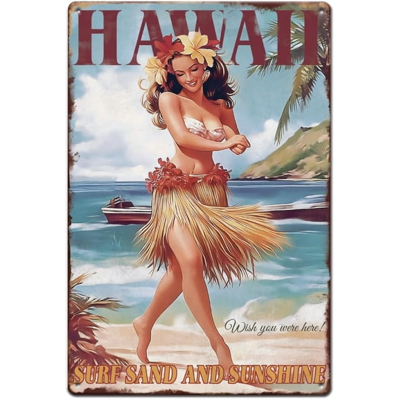 Hawaii Beach Pin Up Girl Tin Signs Hula Sexy Woman Metal Sign Poster Summer Vintage Wall Art Plaque Home Wall Decor for Bar Man Cave Garage Living Room Bedroom Cafe Decoration