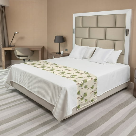 Hawaii Bed Runner, Repetitive Jungle Trees Pattern Hand Drawn Pastel Tropical Palms, Decorative Accent Bedding Scarf for Hotels Homes and Guestrooms, King, Cream Cocoa and Khaki, by Ambesonne