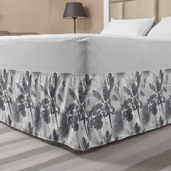 Hawaii Bed Skirt, Greyscale Exotic Jungle Floral Pattern with Tropical Tree Leaves and Hibiscus Pansy, Elastic Bedskirt Dust Ruffle Wrap Around for Bedding Decor, 4 Sizes, Grey White, by Ambesonne