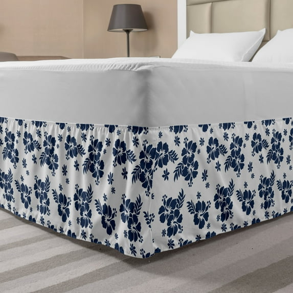 Hawaii Bed Skirt, Monochrome Foliage Bouquet Abstract Art the Flower of Aloha State Hibiscus, Elastic Bedskirt Dust Ruffle Wrap Around for Bedding Decor, 4 Sizes, Navy Blue White, by Ambesonne