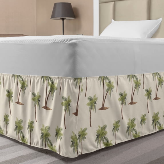 Hawaii Bed Skirt, Repetitive Jungle Trees Pattern Hand Drawn Pastel Tropical Palms, Elastic Bedskirt Dust Ruffle Wrap Around for Bedding Decor, 4 Sizes, Cream Cocoa and Khaki, by Ambesonne