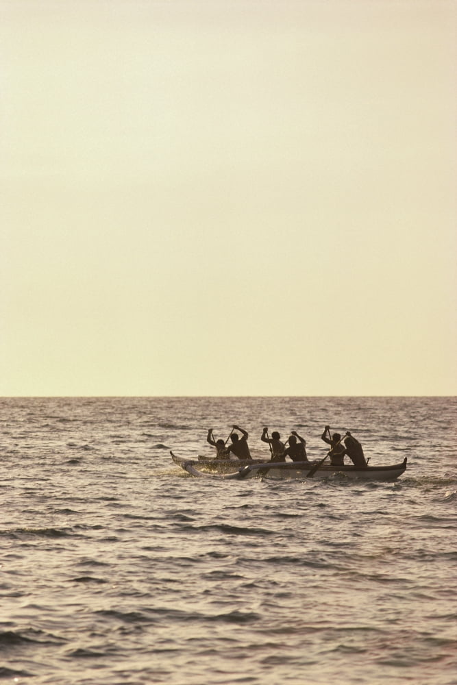 Hawaii Big Island Canoe Anaehoomalu Bay Paddlers Silhouetted On Ocean Canvas Art - Mary Van de Ven  Design Pics (12 x 19)