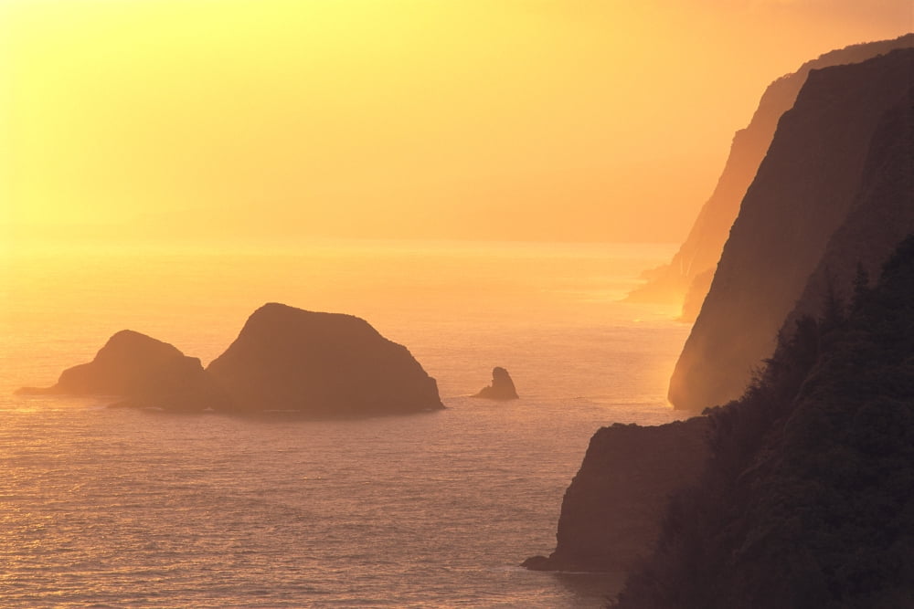 Hawaii Big Island Coast At Sunrise From Pololu Valley Lookout Hazy Orange C1611 Canvas Art - Greg Vaughn Design Pics (19 x 12)
