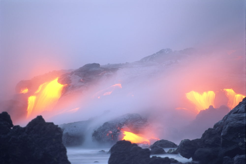 Hawaii Big Island Glowing Orange Lava Flow Into Ocean Gray Smoky Sky Canvas Art - Mary Van de Ven Design Pics (38 x 24)