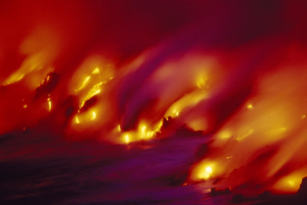 Hawaii Big Island Hawaii Volcanoes National Park Extreme Close-Up Lava Flow Into Ocean Blurred Motion Smoky Canvas Art - Ron Dahlquist Design Pics (38 x 24)