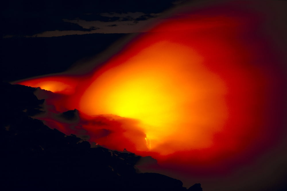 Hawaii Big Island Hawaii Volcanoes National Park Glowing Lava Flow Into Ocean Bright Red Orange Canvas Art - Robert Sablan Design Pics (38 x 24)