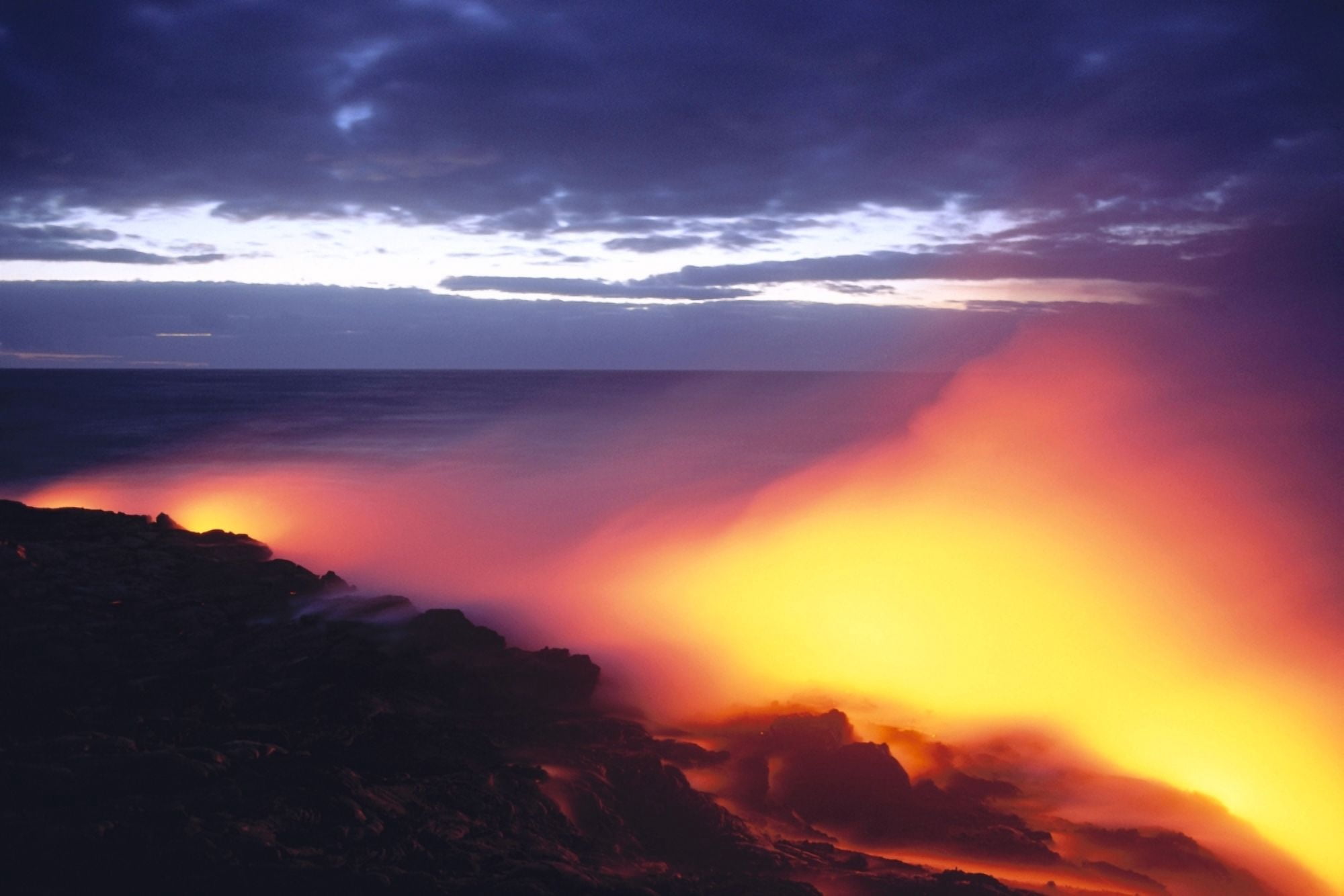Hawaii Big Island Hawaii Volcanoes National Park Glowing Lava Flow Into Ocean At Twilight Dramatic Dark Sky C1625 Canvas Art - Robert Sablan Design Pics (19 x 12)