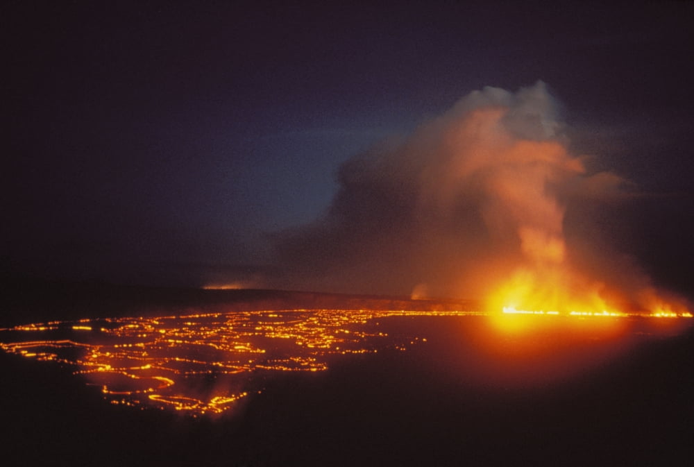 Hawaii Big Island Hawaii Volcanoes National Park Kilauea Volcano Eruption Smoke Lava Flow At Night Canvas Art - Allan Seiden Design Pics (34 x 22)