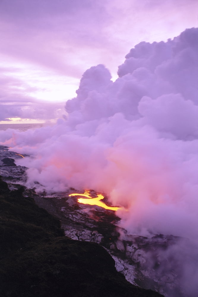 Hawaii Big Island Hawaii Volcanoes National Park Lava Entering Ocean At Dawn Purple Smoke Billows C1632 Canvas Art - Peter French Design Pics (12 x 19)