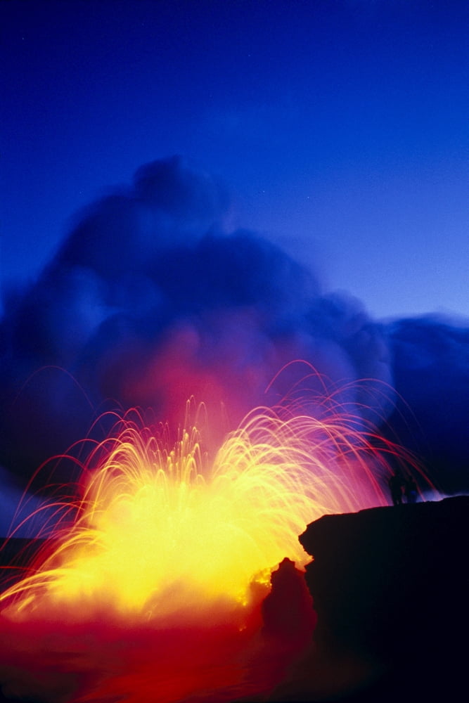 Hawaii Big Island Hawaii Volcanoes National Park Lava Explodes As Flow Hits Ocean Fountain Bright Blue Sky C1634 Canvas Art - Greg Vaughn Design Pics (12 x 19)