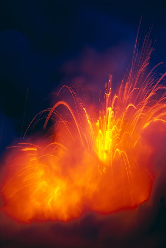 Hawaii Big Island Hawaii Volcanoes National Park Lava Exploding As Flow Hits Ocean Nighttime A28G Canvas Art - Greg Vaughn Design Pics (12 x 19)