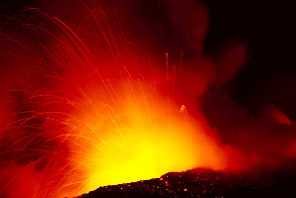 Hawaii Big Island Hawaii Volcanoes National Park Lava Exploding Into Ocean At Night Red And Orange Steam Canvas Art - Peter French Design Pics (19 x 12)