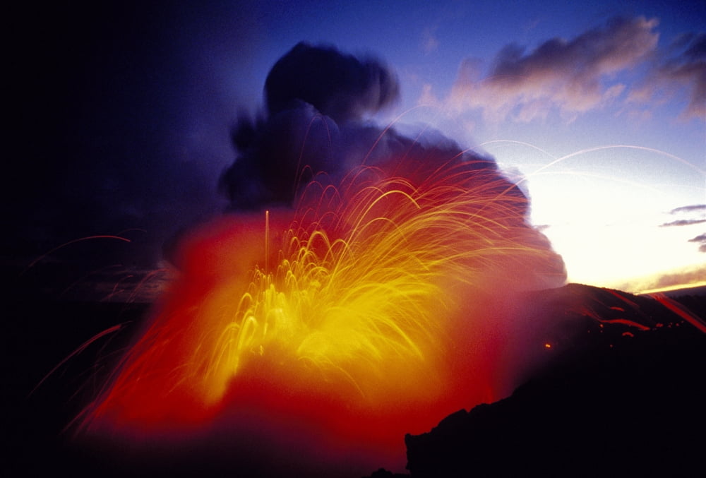 Hawaii Big Island Hawaii Volcanoes National Park Lava Explosion Entering Ocean Smoke Cloud Dawn Kupaianaha Vent Canvas Art - Ron Dahlquist Design Pics (38 x 24)