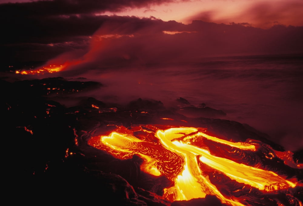 Hawaii Big Island Hawaii Volcanoes National Park Lava Flow Glows In Early Dawn Canvas Art - Peter French Design Pics (34 x 22)