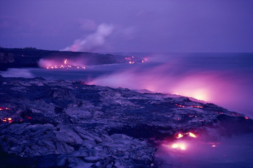 Hawaii Big Island Hawaii Volcanoes National Park Lava Flows Into Ocean Pink Hues Along Coastline Canvas Art - Mary Van de Ven Design Pics (19 x 12)