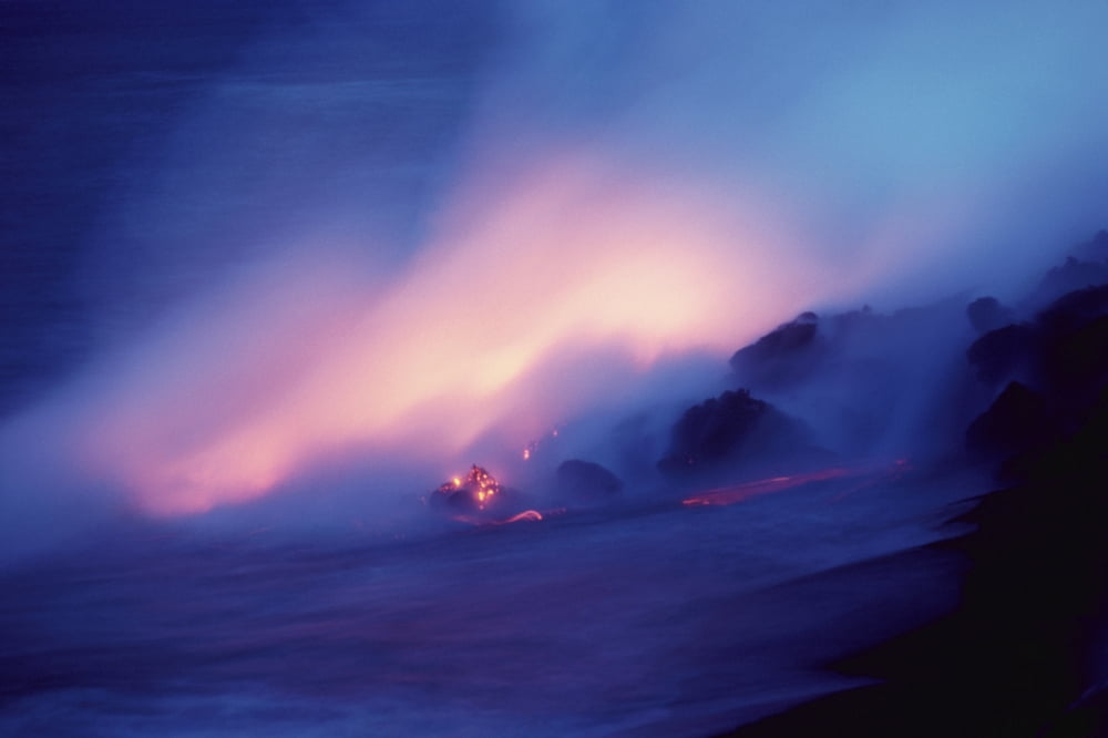 Hawaii Big Island Hawaii Volcanoes National Park Lava Flows Into Ocean At Twilight Creating A Purple Mist Canvas Art - Chris Abraham Design Pics (19 x 12)