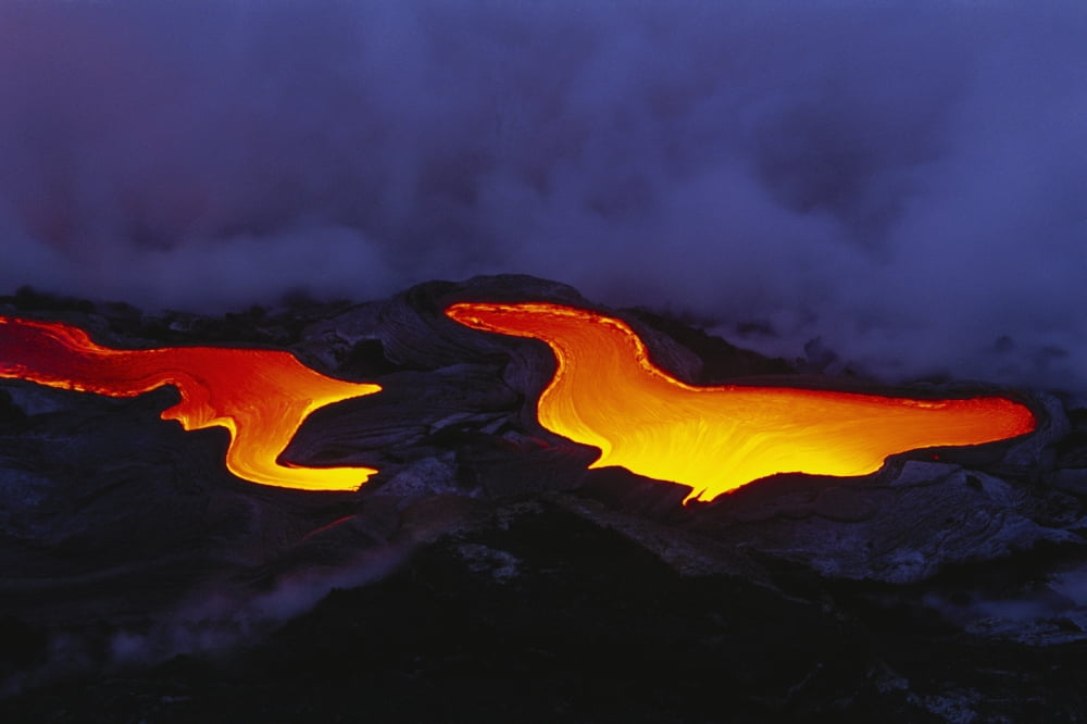 Hawaii Big Island Hawaii Volcanoes National Park Pahoehoe Glowing Lava Flow River Like Smoke In Background Canvas Art - Peter French Design Pics (19 x 12)