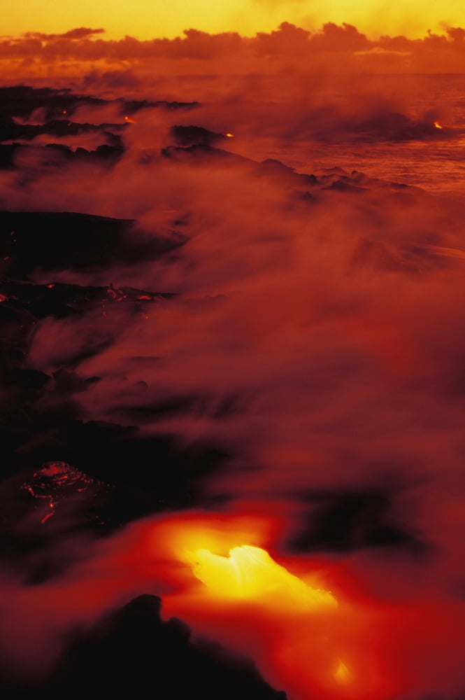 Hawaii Big Island Kamoamoa Dawn Lava Into Sea Dramatic Red And Yellow Canvas Art - Allan Seiden Design Pics (22 x 34)