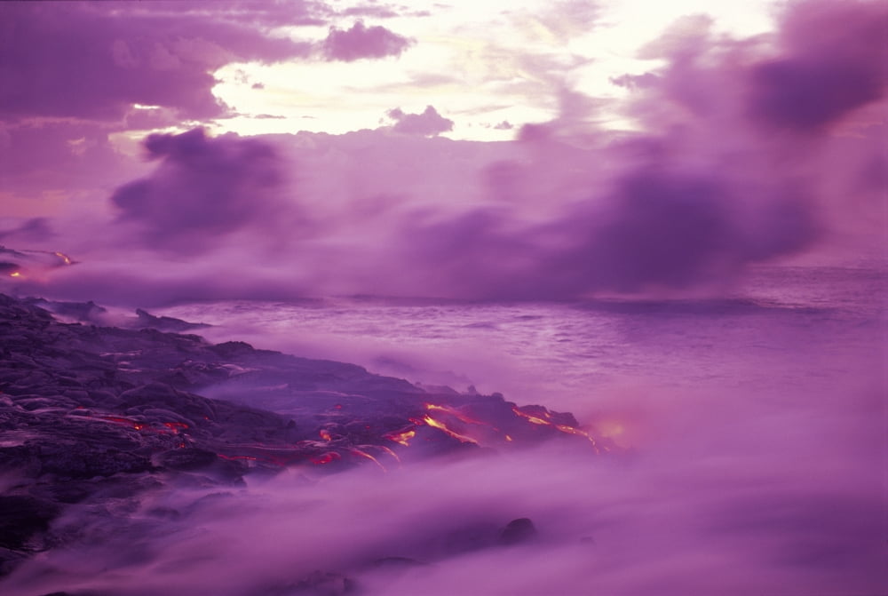 Hawaii Big Island Kilauea Lava Flow Into Ocean At Dawn Purple Smoke Blurry Motion Kamoamoa Pahoehoe Canvas Art - Ron Dahlquist Design Pics (19 x 12)