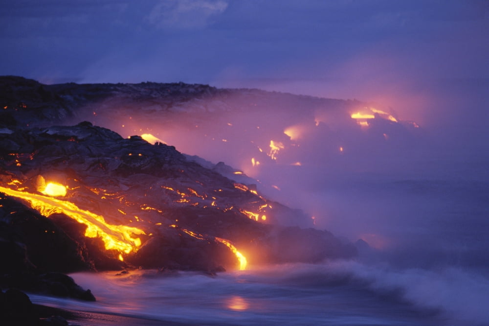 Hawaii Big Island Kilauea Lava Flow Into Ocean At Twilight Smoke Orange Glow C1623 Canvas Art - Peter French Design Pics (19 x 12)