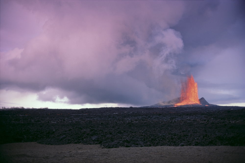 Hawaii Big Island Kilauea Volcano Eruption Fountaining Lava At Dusk In Distance A26B Canvas Art - Joe Carini Design Pics (38 x 24)