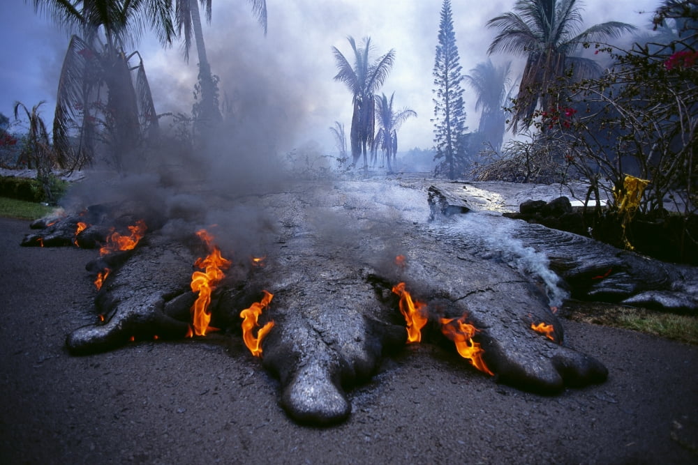 Hawaii Big Island Kilauea Volcano Kalapana Active Lava Flow Over Road A28F Canvas Art - Carl Shaneff Design Pics (38 x 24)