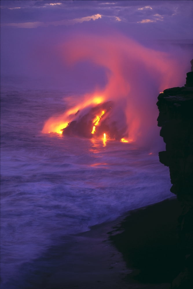 Hawaii Big Island Kilauea Volcano Lava Meets Ocean Action Glowing In Pink Steamy Skies Canvas Art - Robert Sablan Design Pics (12 x 19)