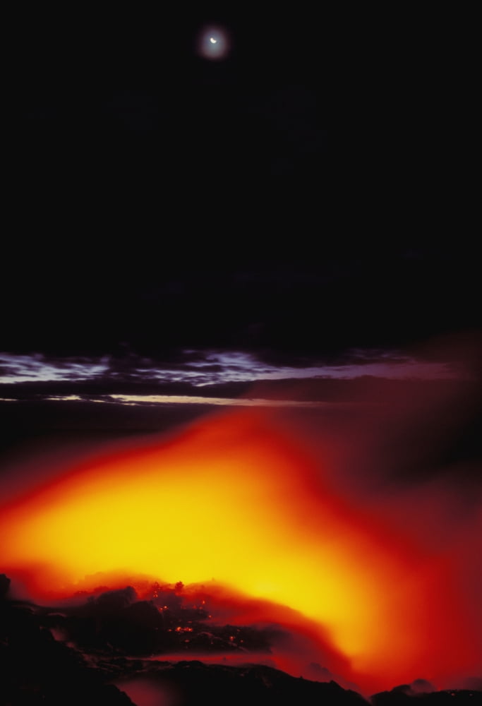 Hawaii Big Island Kilauea Volcano Lava Meets The Sea Moon In Sky Canvas Art - Robert Sablan Design Pics (11 x 17)