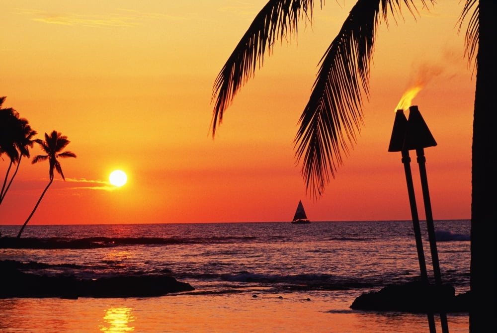 Hawaii Big Island Kohala Waiulua Bay Orange Sunset With Palm Trees Sailboat And Tiki Torches Canvas Art - Chris Abraham Design Pics (19 x 12)