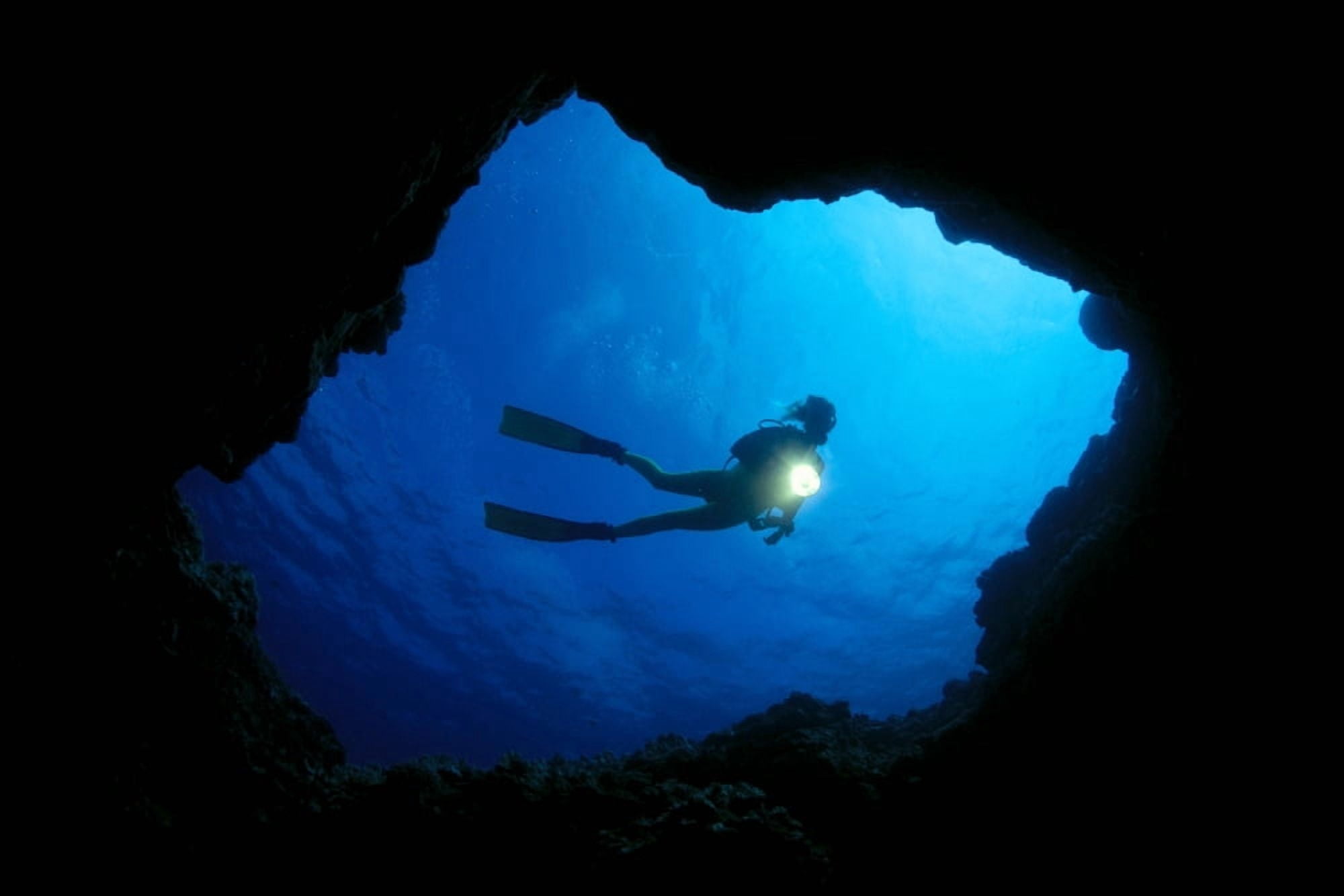 Hawaii Big Island Kona Diver At Cavern Entrance With Flash Light Silhouette A81E Canvas Art - Dave Fleetham Design Pics (38 x 24)
